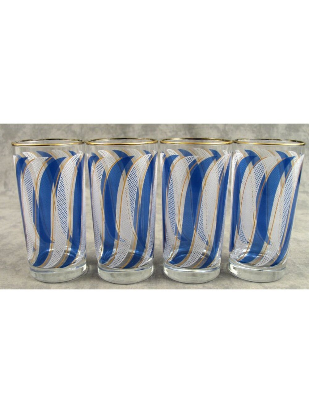Vtg Libbey Blue Swirl White Lattice Cocktail Glasses Gold Rim Set of 4
